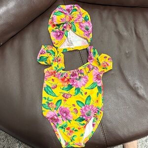 Janie and Jack Yellow Floral Swimsuit with Pink and Green Accents